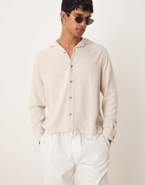 ASOS DESIGN boxy camp collar linen blend shirt in stone - view 1