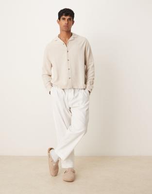 Asos Design Boxy Camp Collar Linen Blend Shirt In Neutral