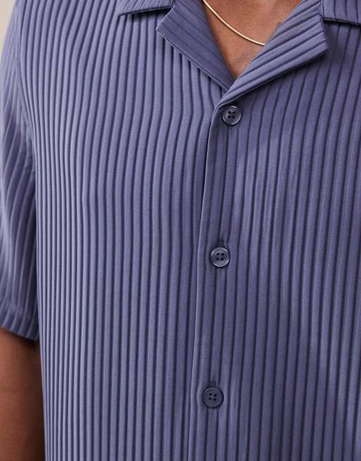 ASOS DESIGN boxy revere loose fit plisse shirt in navy