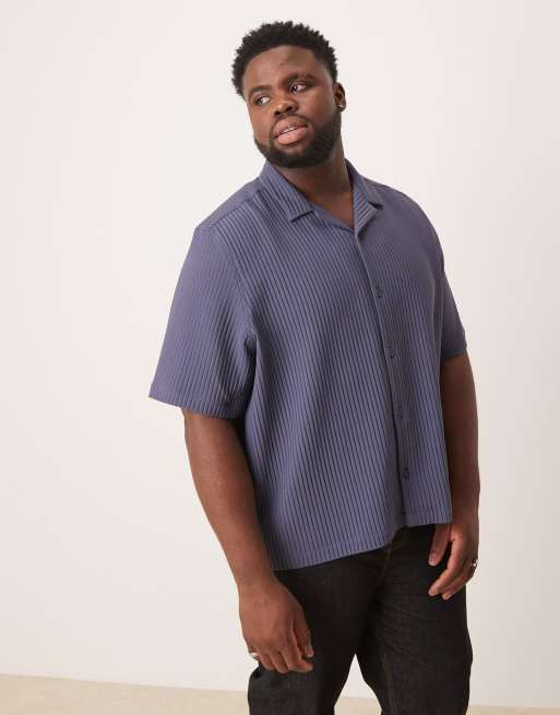 ASOS DESIGN boxy revere loose fit plisse shirt in navy