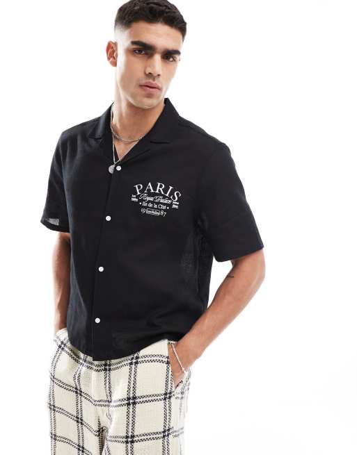 ASOS DESIGN boxy camp collar shirt with chest embroidery in black | ASOS