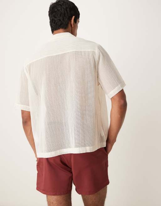 ASOS DESIGN boxy camp collar shirt with chest embroidery in cream - part of a set, 3 of 4