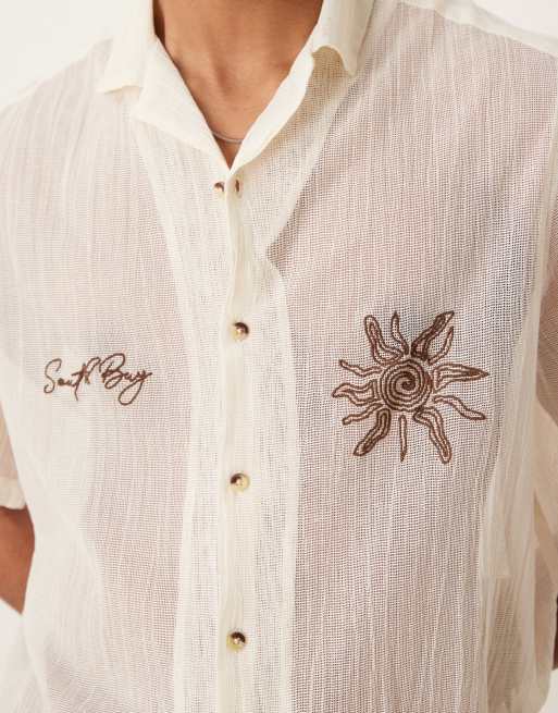 ASOS DESIGN boxy camp collar shirt with chest embroidery in cream - part of a set, 4 of 4