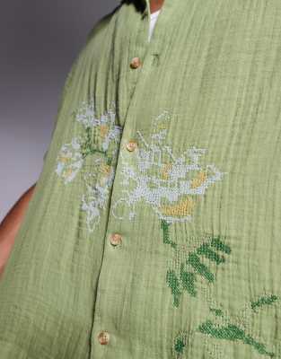 Asos Design Boxy Camp Collar Shirt With Chest Embroidery In Green