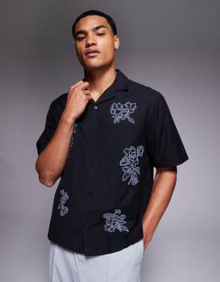 Asos Design Boxy Camp Collar Shirt With Floral Embroidery In Black