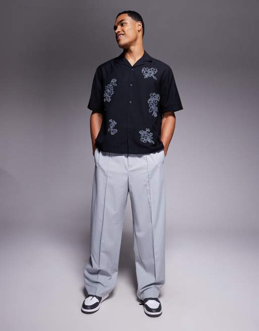 ASOS DESIGN boxy camp collar shirt with floral embroidery in black