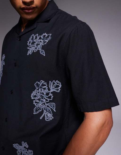 ASOS DESIGN boxy camp collar shirt with floral embroidery in black