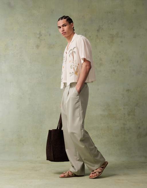 ASOS DESIGN boxy camp collar shirt with palm embroidery in cream, 2 of 4