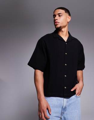 Asos Design Boxy Camp Collar Shirt With Pin Tuck Detailing In Black