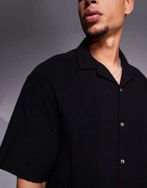 ASOS DESIGN boxy camp collar shirt with pin tuck detailing in black, 4 of 4