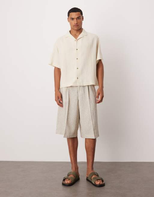 ASOS DESIGN boxy camp collar shirt with pintuck detailing in stone