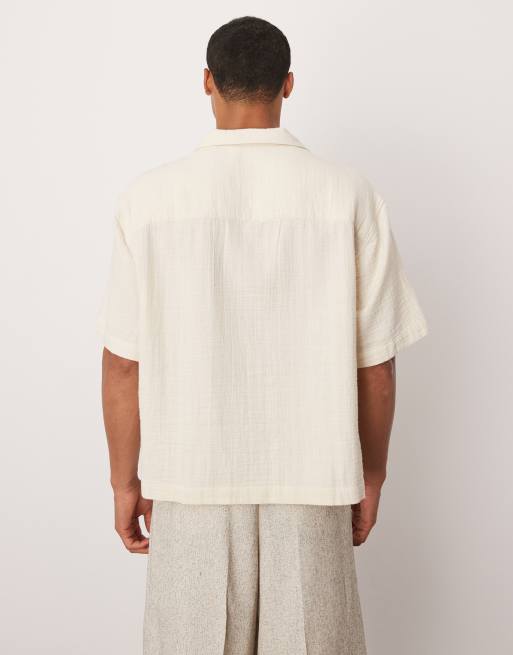 ASOS DESIGN boxy camp collar shirt with pintuck detailing in stone