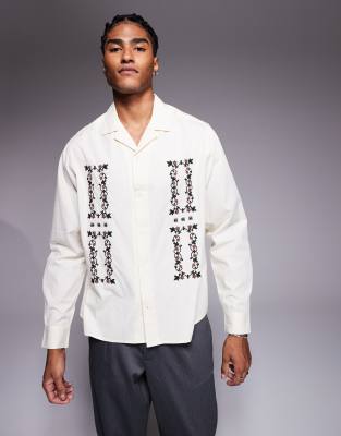 Asos Design Boxy Camp Collar Shirt With Placement Embroidery In White