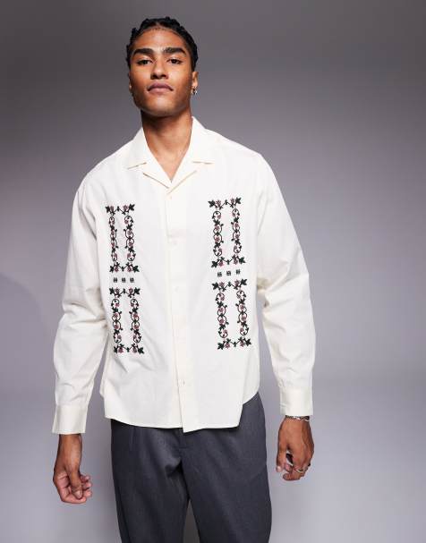 ASOS DESIGN boxy camp collar shirt with placement embroidery in beige - view 1