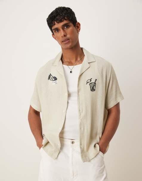 ASOS DESIGN boxy camp collar shirt with print in stone - view 1
