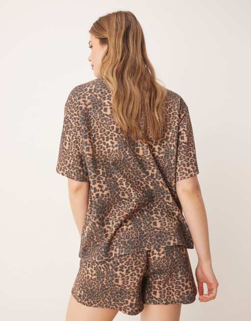 ASOS DESIGN boxy camp collar waffle shirt in leopard print