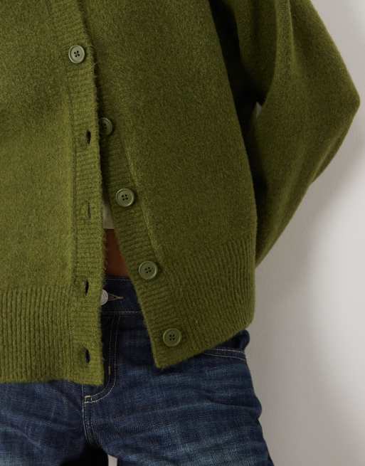 ASOS DESIGN boxy cardigan with side slit detail in olive, 3 of 4