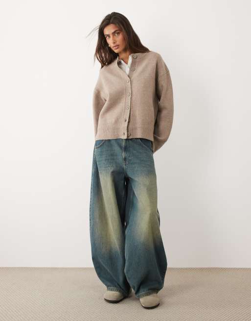 ASOS DESIGN boxy cardigan with side slit detail in taupe, 2 of 4