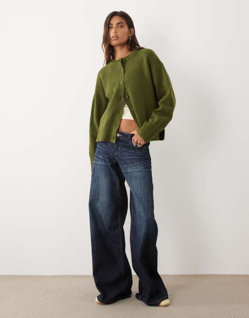 ASOS DESIGN boxy cardigan with side split detail in olive, 2 of 4