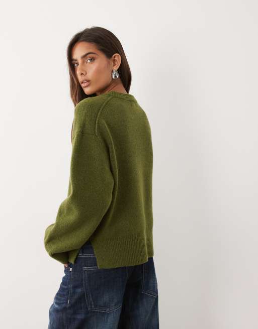 ASOS DESIGN boxy cardigan with side split detail in olive, 4 of 4