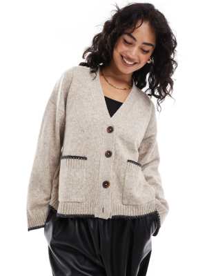 boxy cardigan with v neck and pocket detail in oatmeal with contrast trim-Multi