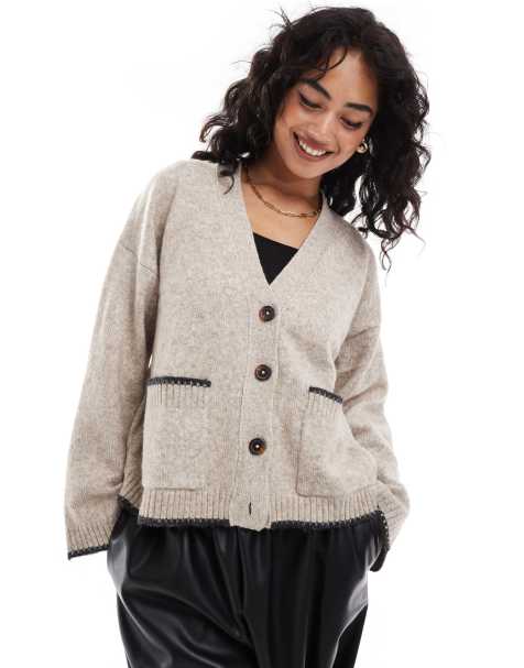 ASOS DESIGN boxy cardigan with v neck and pocket detail in oatmeal with contrast trim - view 1