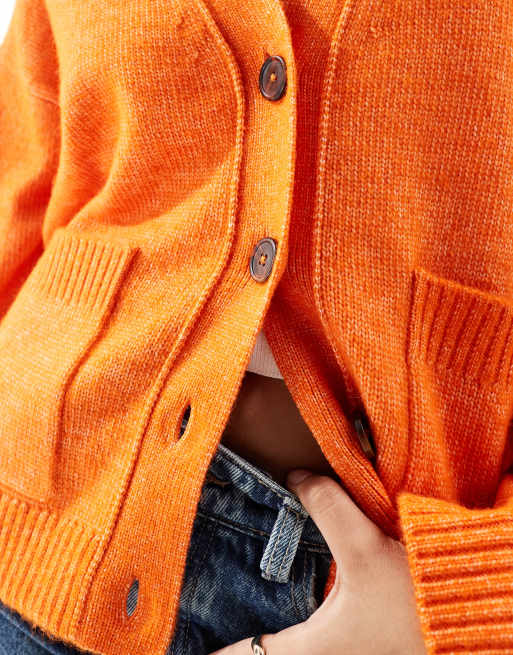 ASOS DESIGN boxy cardigan with v neck and pocket detail in orange, 2 of 4