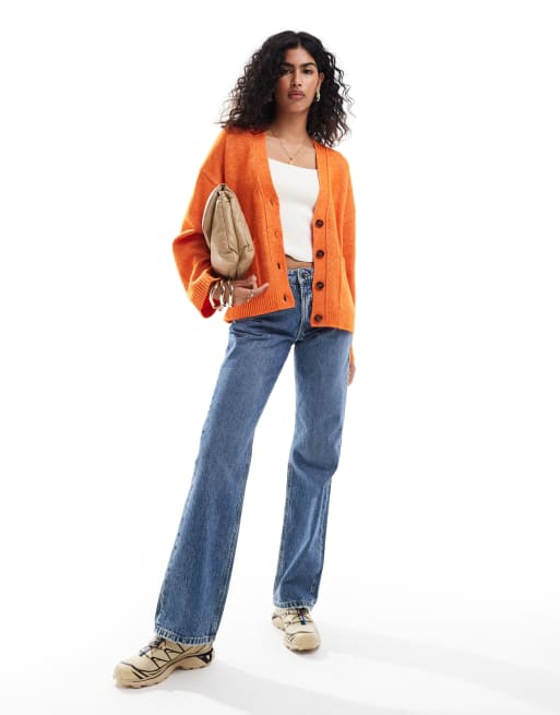 ASOS DESIGN boxy cardigan with v neck and pocket detail in orange, 3 of 4