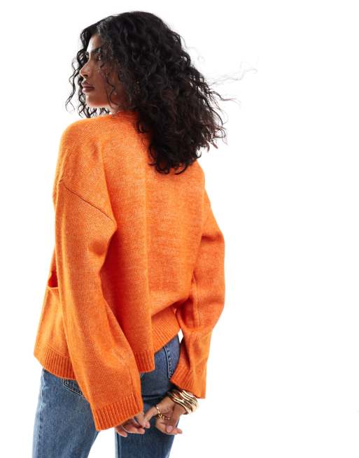ASOS DESIGN boxy cardigan with v neck and pocket detail in orange, 4 of 4