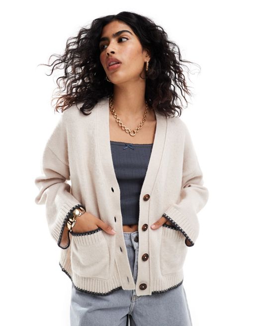 CerbeShops DESIGN boxy cardigan with v neck and pocket detail with contrast trim in oatmeal