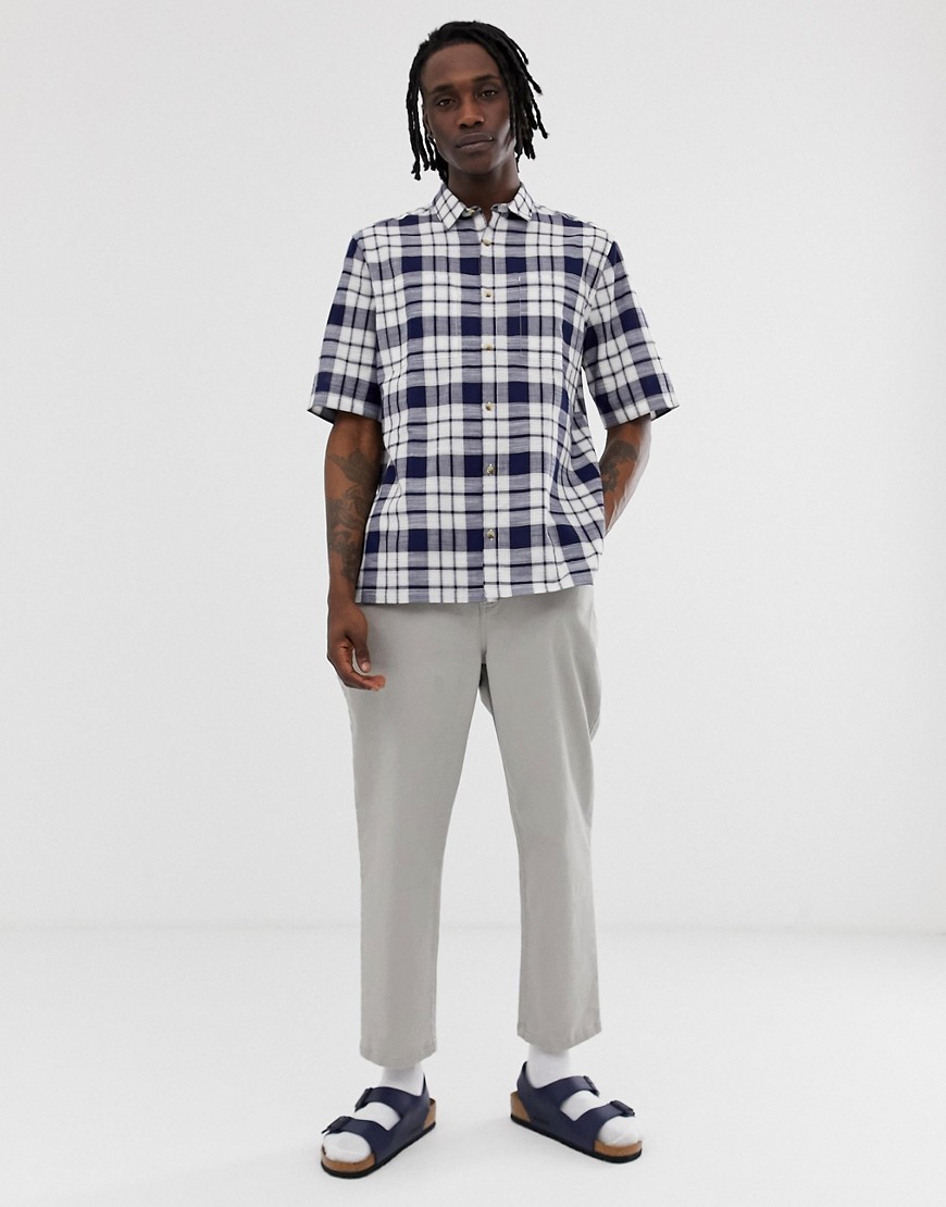 ASOS DESIGN boxy check shirt in blue and white