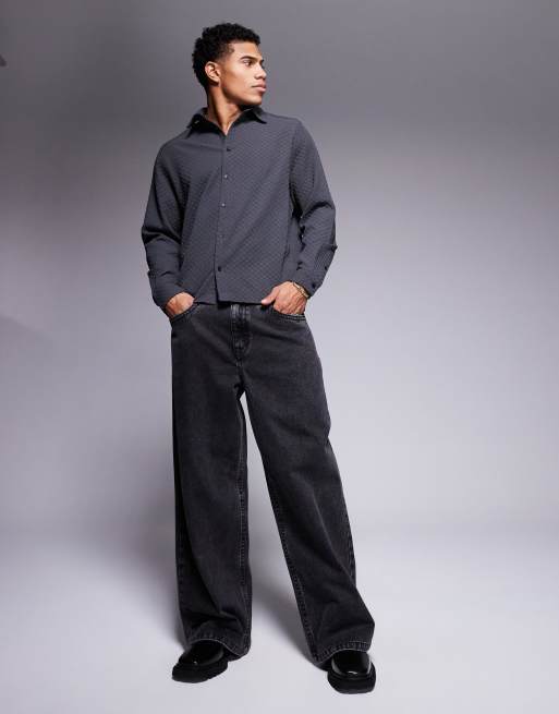 ASOS DESIGN boxy checked regular shirt in charcoal
