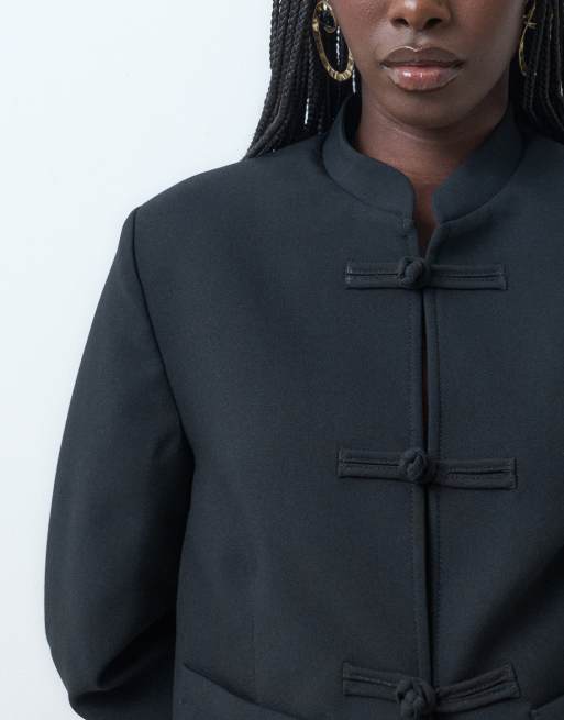ASOS DESIGN boxy chuck on mandarin collar blazer in black, 2 of 4