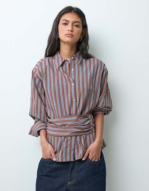 ASOS DESIGN boxy cinched shirt in brown stripe, 2 of 5
