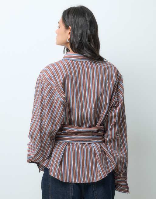ASOS DESIGN boxy cinched shirt in brown stripe, 3 of 5