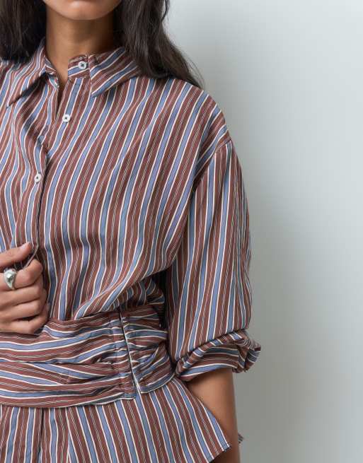 ASOS DESIGN boxy cinched shirt in brown stripe, 5 of 5