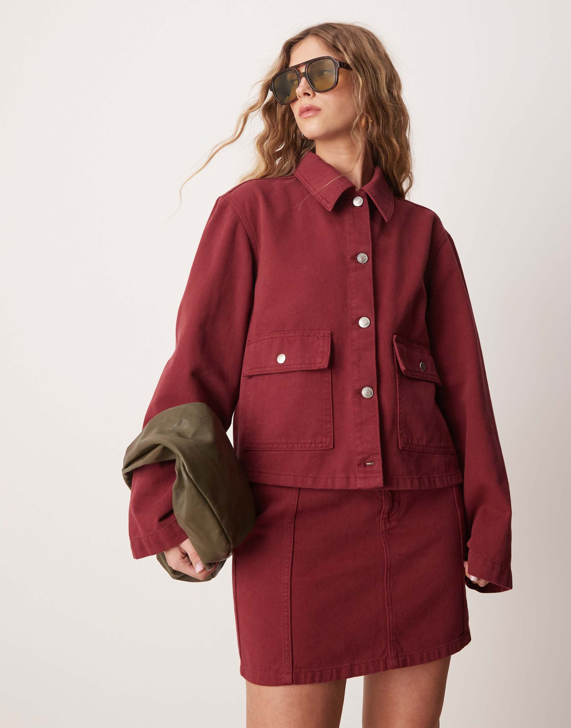 asos design boxy collared denim jacket in pomegranate - part of a set