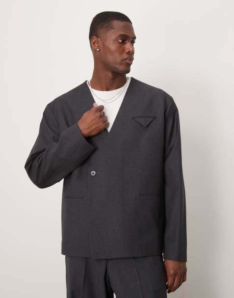ASOS DESIGN boxy collarless double breasted suit jacket in charcoal - view 1