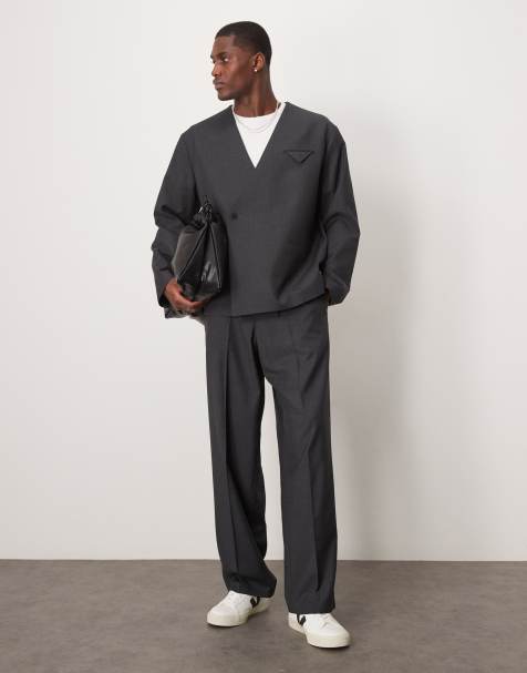 ASOS DESIGN boxy collarless double breasted suit set in charcoal - view 1