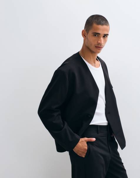 ASOS DESIGN boxy collarless suit jacket in black twill - view 1