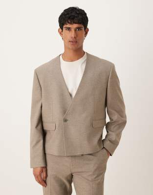 Asos Design Boxy Collarless Suit Jacket In Brown