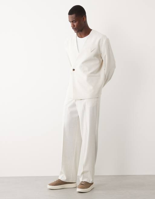 ASOS DESIGN boxy collarless suit jacket in stone, 2 of 5