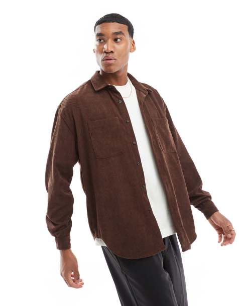 ASOS DESIGN boxy cord overshirt in brown - view 1