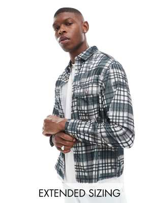 boxy cord overshirt in green plaid with raw hem-Black