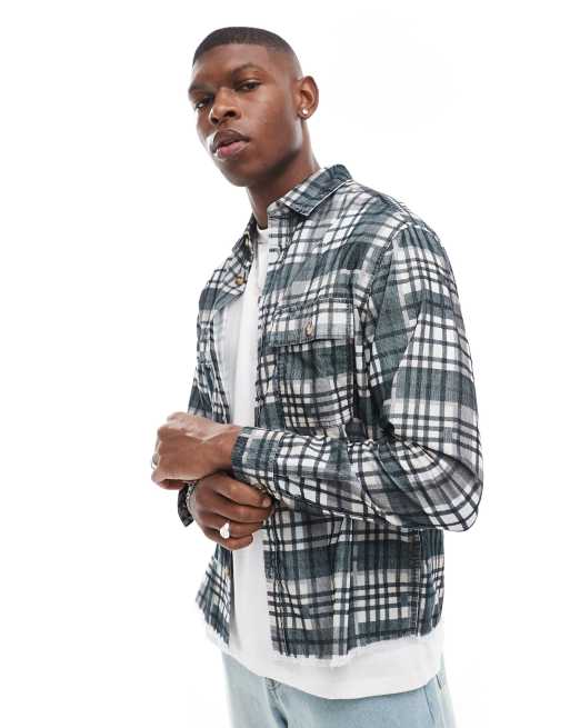 ASOS DESIGN boxy cord overshirt in green plaid with raw hem