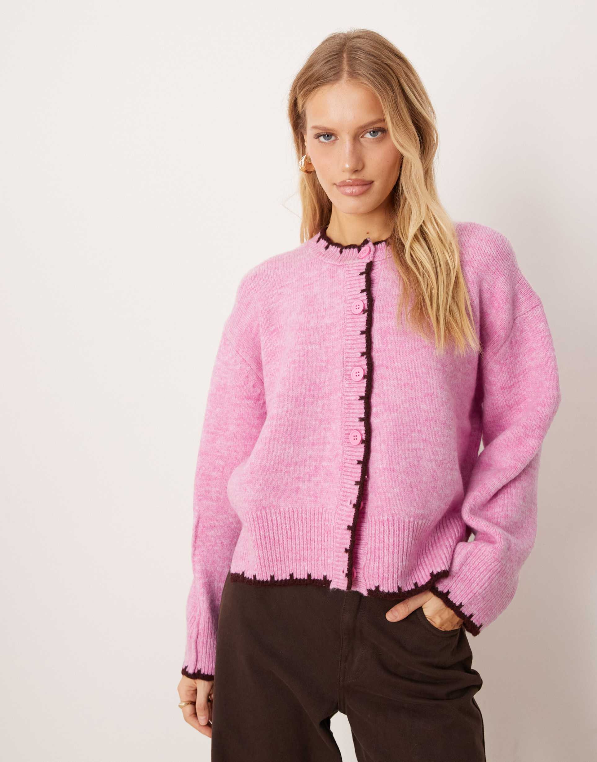 asos design boxy crew neck cardigan with side slit detail and blanket stitching in pink