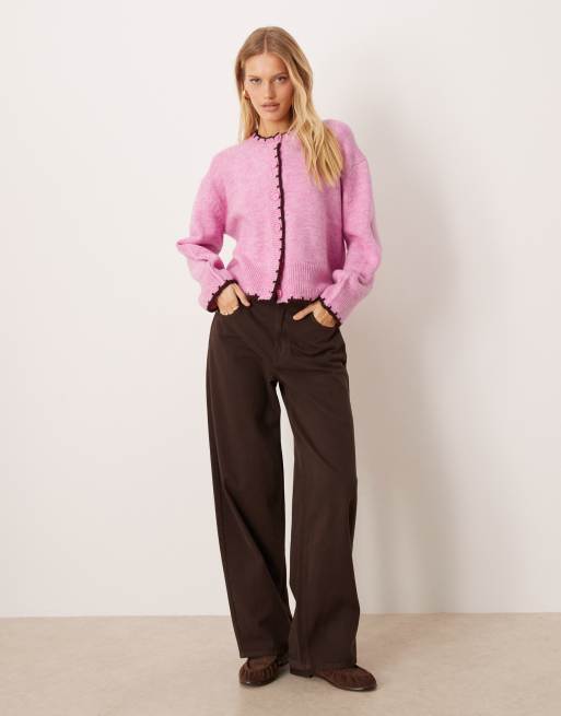 ASOS DESIGN boxy crew neck cardigan with side slit detail and blanket stitching in pink, 2 of 4