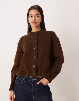 Asos Design Boxy Crew Neck Cardigan With Side Slit Detail In Brown
