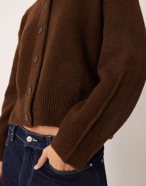 ASOS DESIGN boxy crew neck cardigan with side slit detail in chocolate