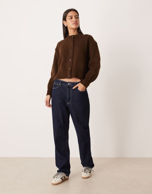 ASOS DESIGN boxy crew neck cardigan with side slit detail in chocolate